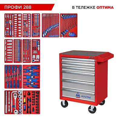 Набор инструментов 288 предметов, "ПРОФИ 288", в красной тележке МАСТАК 52-06288R