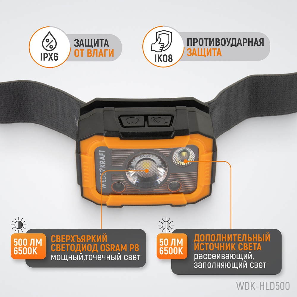WDK-HLD500 Фонарь налобный светодиодный, 500 Лм, 1500 мАч Wiederkraft